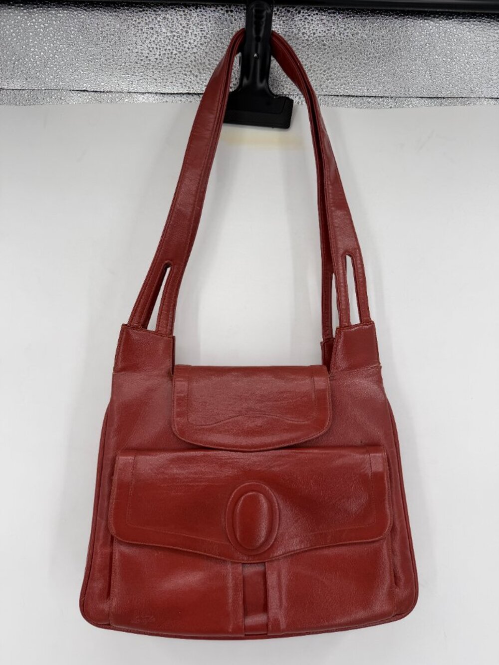 Vintage Lou Taylor Brown Leather Shoulder Bag Multi Pocket Purse Built-In Mirror